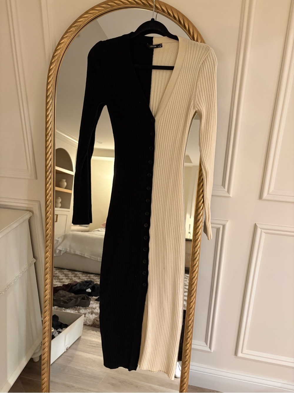 Lefton Two-Tone Black and Cream Ribbed Button-Front Long Sleeve Dress